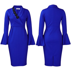 Detail of royal blue V-neck dress with pearl flower appliques and bell cuffs