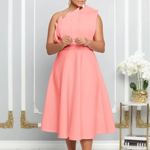 Pink one-shoulder ruffle cocktail dress with pleated high waist for party elegance