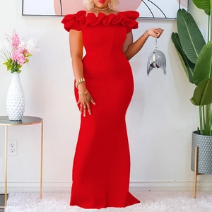 Detailed view of an off-shoulder mermaid dress with ruffle neckline in solid red