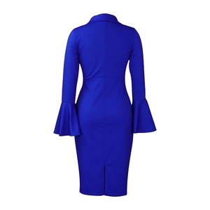 Detail of royal blue bodycon dress featuring elegant flared bell sleeves and slit hem