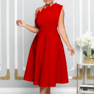 Women Sexy One Shoulder Pleated High Waist Banquet Dress Asymmetric Elegant Polyester Spandex Midi A-Line Party Dress