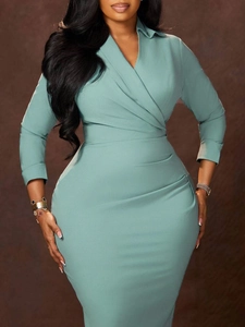 Élégante Robe Midi Moulante à Col en V Froncée pour Femmes Manches Longues Robe Crayon Croisée pour Bureau Fête Cocktail Vêtements Formels