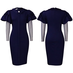 Detailed front and back view of blue dress with polka dot mesh sleeves and pearl button