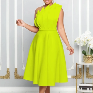 Neon green one-shoulder dress with 3D pleats and A-line silhouette for elegant parties