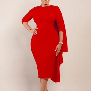 Robe Crayon Midi à Épaule Cape Asymétrique Élégante pour Femmes Couleur Unie Coupe Slim Col Rond Business Fête Bureau Robe de Soirée