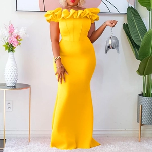 Elegant Women Off Shoulder Ruffle Mermaid Evening Gown Solid Color Slim Fit Maxi Dress For Wedding Party Banquet African Style