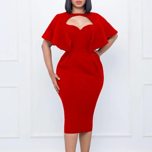 Robe Midi Moulante Élégante à Manches Cape pour Femmes Robe Crayon à Col Rond Découpée pour Bureau Fête Affaires