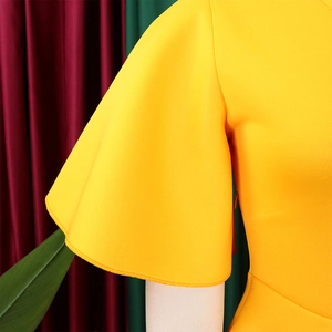 Detail of elegant yellow flare sleeves and invisible side zipper on a V-neck dress