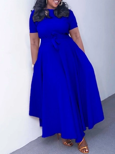 Women Plus Size Short Sleeve Maxi Dress Round Neck Tie Waist Solid Color Loose A-Line Elegant Summer Commuter Long Dress