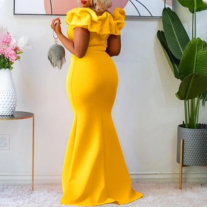Detailed ruffled neckline and sleek off-shoulder design of a yellow mermaid evening gown