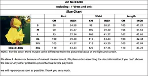Size chart for off-shoulder pleated dress showing S to 3XL measurements and belt details