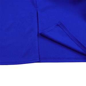 Close-up of the royal blue dress hem featuring a clean vertical slit and durable stitching