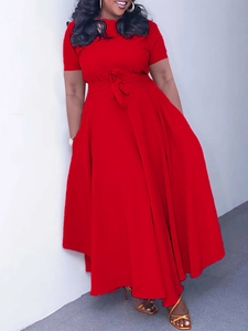 Elegant plus size short sleeve red maxi dress with waist tie and flowy skirt
