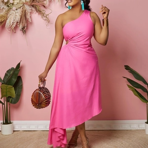Detail of pink one-shoulder dress with hollow-out waist cutout and side pleats