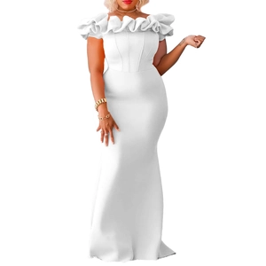 Detail of white off-shoulder mermaid evening dress with ruffled sleeves and slim fit design