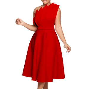 Macro shot showing elegant 3D ruffled layers and off-shoulder red party dress details