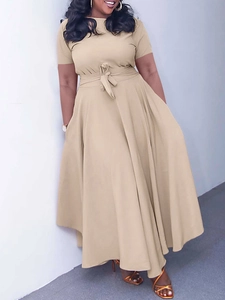 Elegant beige short sleeve maxi dress with round neck and waist tie for women