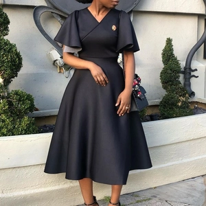 Elegant black V-neck A-line dress with ruffle sleeves and flared hem for formal events