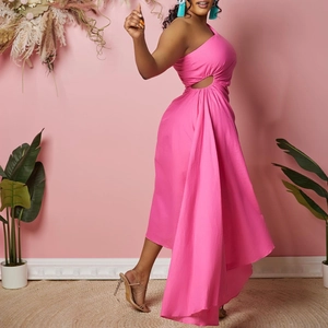 Elegant one-shoulder cutout dress in bright pink with asymmetric hem and flowing design