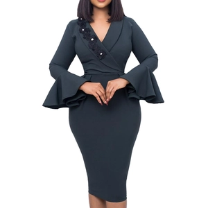 Elegant dark grey V-neck dress with flared sleeves and black floral pearl accents