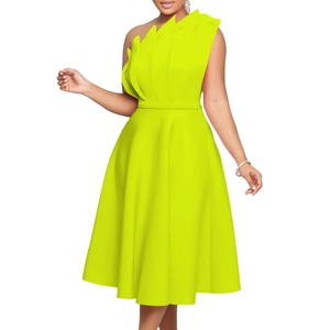 Detail of elegant one-shoulder dress featuring 3D ruffled layers and chic waist belt