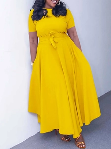 Elegant ginger yellow short sleeve maxi dress with waist tie and high waist design