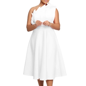 Elegant white one-shoulder plus size evening dress with 3D ruffle detail and high waist
