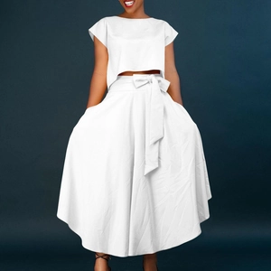 Women Elegant Solid Color Two Piece Skirt Set Short Sleeve Crop Top And High Waist Big Swing Midi Skirt Summer Outfit