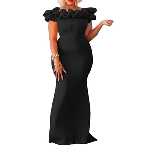 Detail of off-shoulder black mermaid evening dress showing ruffled neckline and sleek fabric