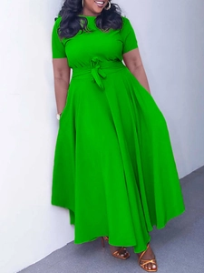 Elegant bright green short sleeve maxi dress with round neck and tie-waist A-line silhouette