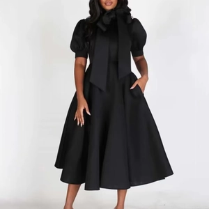 Élégante Robe Midi pour Femmes Manches Bouffantes Col Nœud Taille Haute Coupe Trapèze Couleur Unie Robe de Soirée