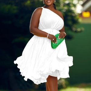 Elegant white one-shoulder pleated mini dress with waist tie and ruffled hem for summer