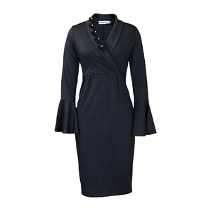 Detail of V-neckline with 3D floral patches and beadwork on elegant black slim fit dress
