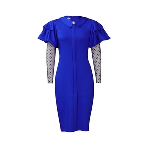 Detail of royal blue dress featuring Peter Pan collar with pearl and polka dot mesh sleeves