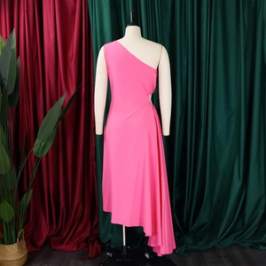 Detail view of fuchsia one-shoulder dress with side cutout and irregular hemline