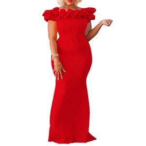 Elegant red off-shoulder mermaid evening dress with ruffled neckline and slim fit design