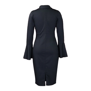 Rear view of a slim-fit V-neck black dress featuring flared sleeves and a back slit detail
