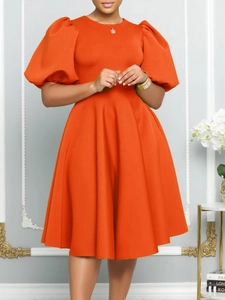Elegante Abito Midi a Ruota da Donna Con Maniche a Sbuffo Girocollo Tinta Unita Slim Fit per Festa Cocktail Ufficio