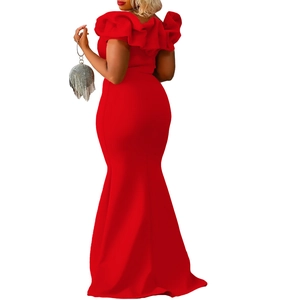 Elegant red off-shoulder mermaid evening dress featuring a ruffled hem and back view