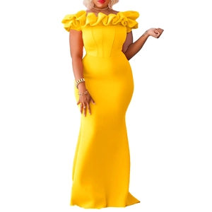 Detail of a bright yellow mermaid evening gown with ruffled off-the-shoulder neckline