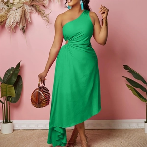 Women Sexy One Shoulder Asymmetrical Maxi Dress Waist Cutout Ruched Solid Color Party Clubwear Summer Vacation Elegant Gown