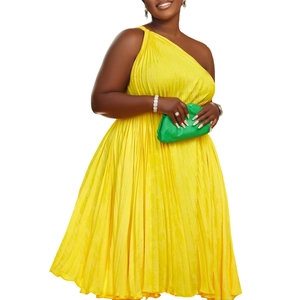 Vibrant yellow one-shoulder pleated maxi dress with an A-line silhouette for summer