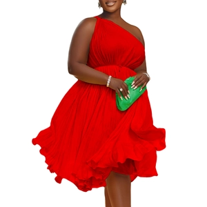 Detail showing the pleated red one shoulder mini dress with elegant waist gathering