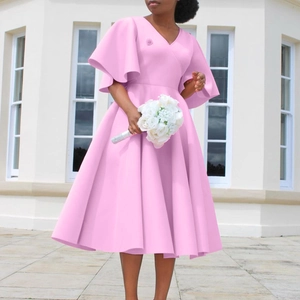 Elegant bright pink V-neck dress with flare sleeves and a flowing A-line midi skirt