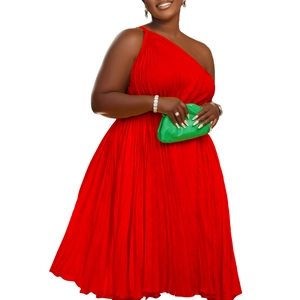 Detail of red one-shoulder pleated maxi dress with elegant draped texture and asymmetric cut