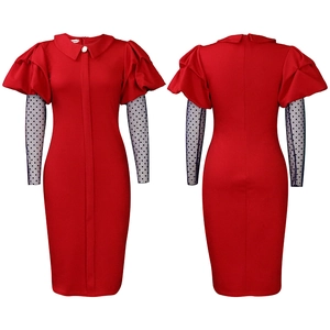 Detail view of red slim dress with polka dot mesh sleeves and Peter Pan collar