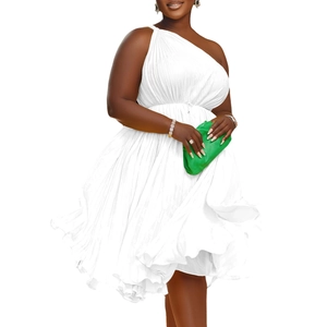 Close-up of white one-shoulder plus size mini dress with pleated texture and waist tie detail