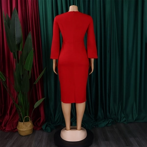 Back view of a red long-sleeve midi dress featuring a tailored fit and invisible zipper