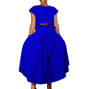 Close-up of royal blue two-piece set featuring short top and high waist wide leg pants