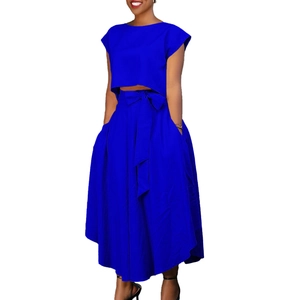 Detail view of Klein blue plus size two-piece set with belted high waist maxi skirt